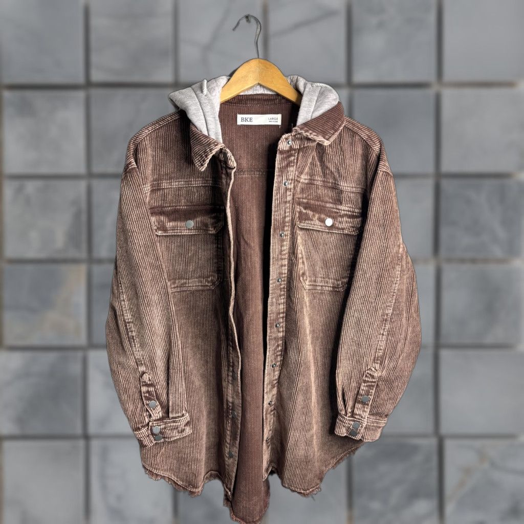 BKE BKE Jacket Mens Large Brown Corduroy Hooded Parka Snap Button Shacket Casual Size US L / EU 52-54 / 3 - 1 Thumbnail