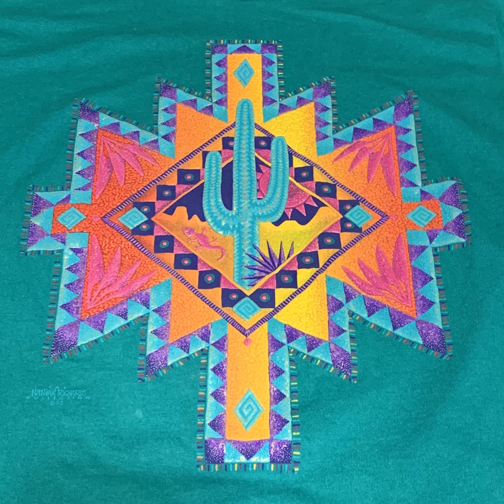 Vintage VINTAGE Nathan Richards Collection T-Shirt South Western Aztec Graphic Size M Unisex Green 1990s Shirt Mens Women Boys Girls Size US M / EU 48-50 / 2 - 3 Thumbnail