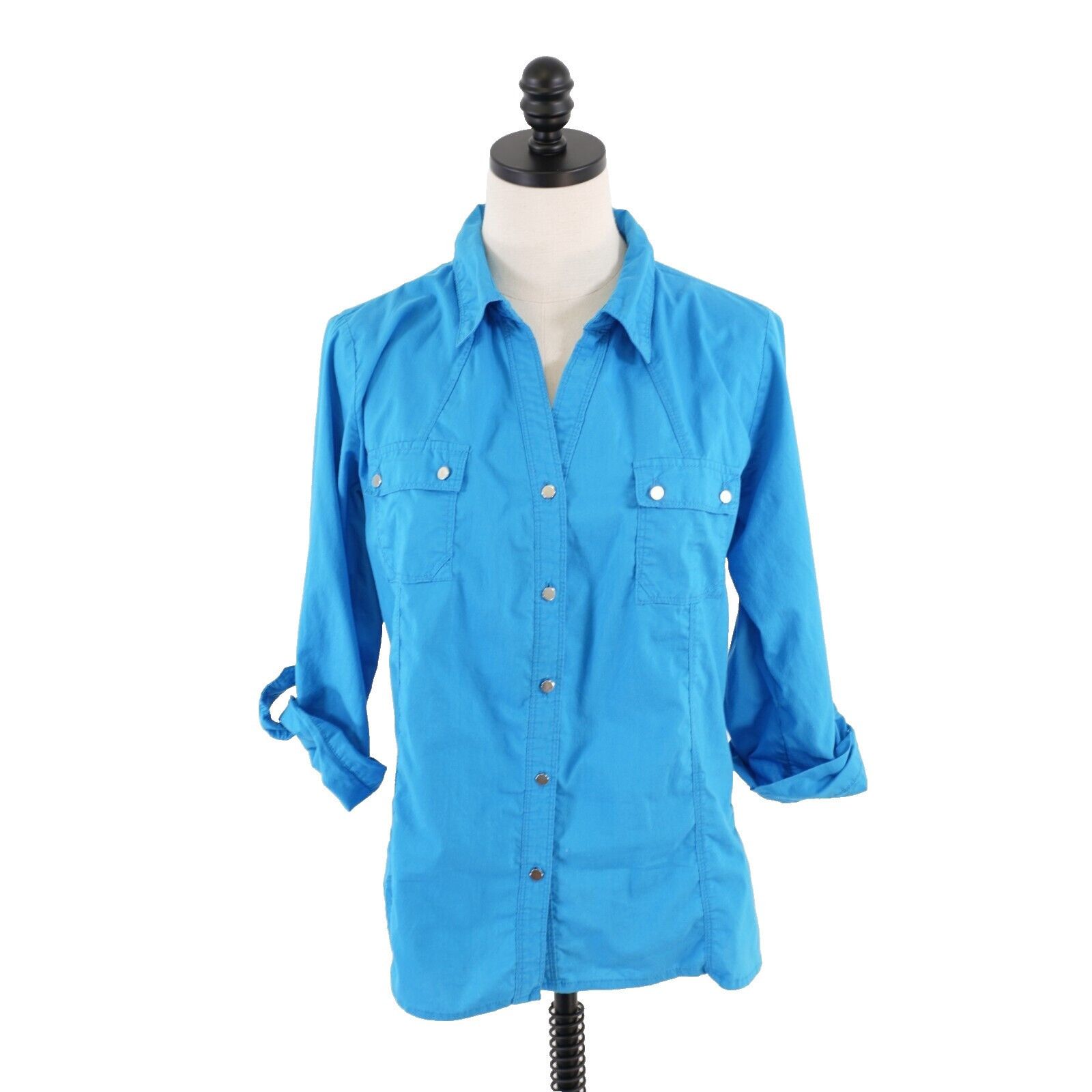 Designer Ava & Grace Teal Large Cotton Blend Roll Tab Metal Button Fr Size L / US 10 / IT 46 - 1 Thumbnail