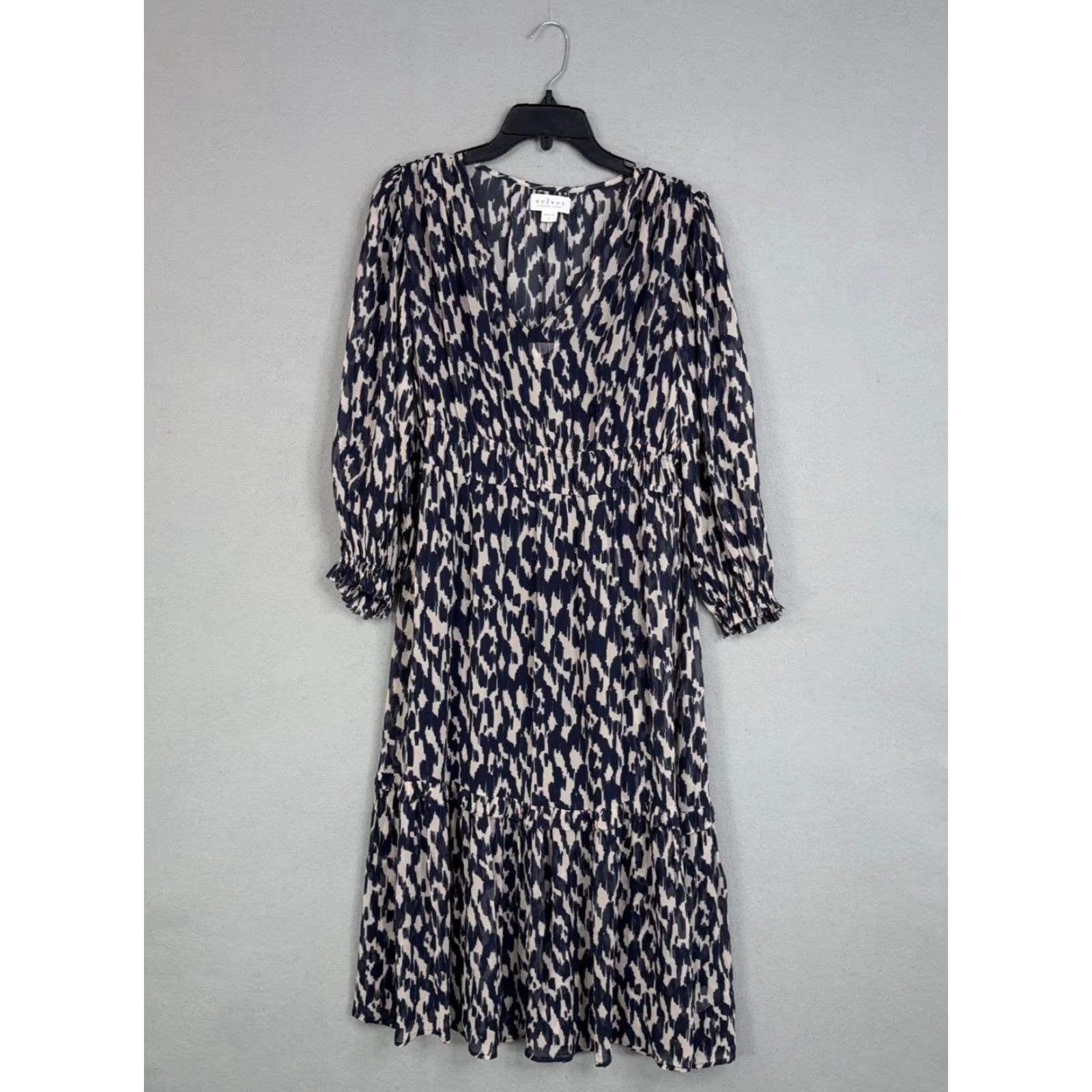 Velvet Velvet by Graham & Spencer Dress Womens Small Blue Animal Print V-Neck Long Balloon Sleeve Midi Casual Modern Dressy Size S / US 4 / IT 40 - 2 Thumbnail