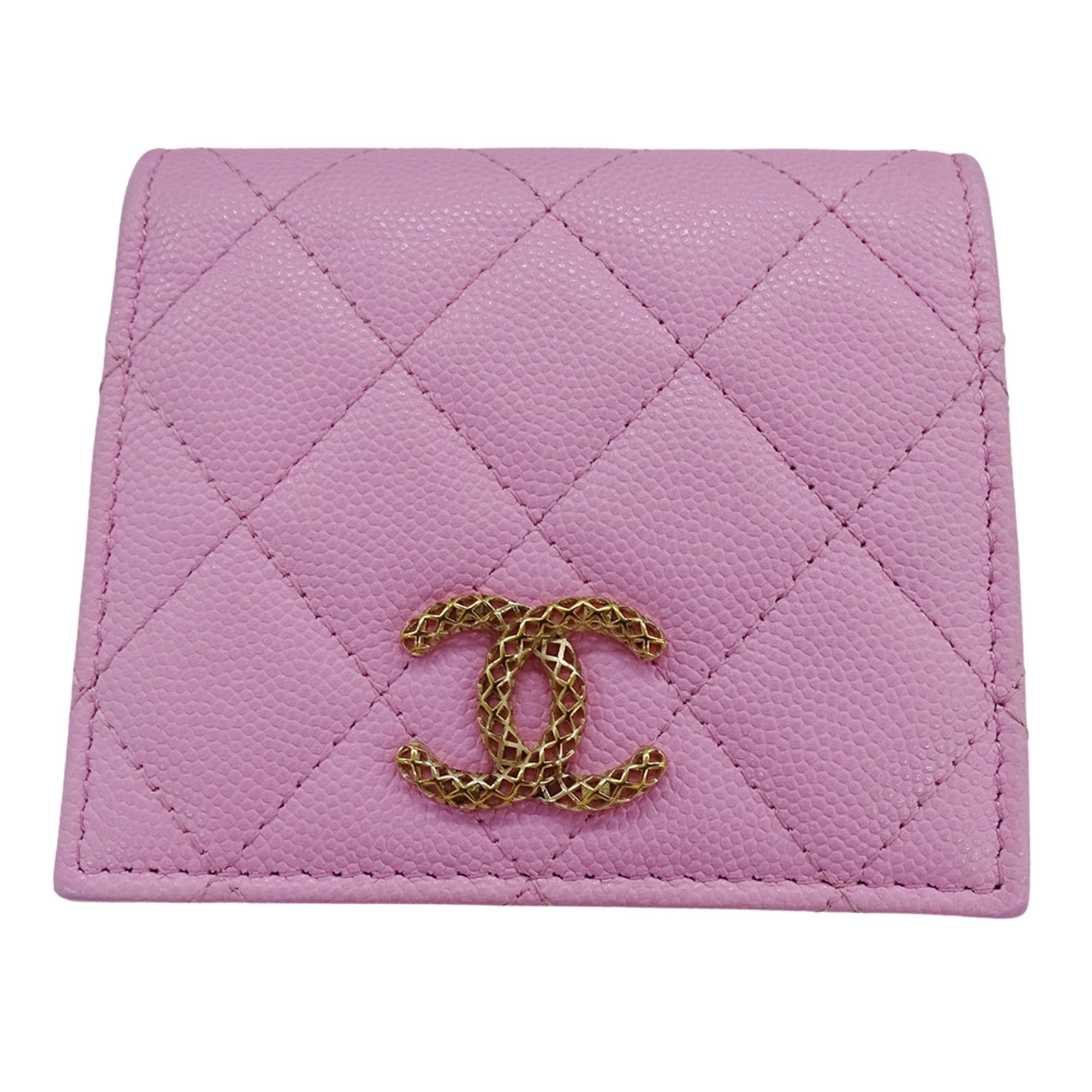 Chanel Chanel women's wallet, brand name, bi-fold caviar leather, matelassé, pink, green, gold hardware, Coco mark. Size ONE SIZE - 1 Thumbnail