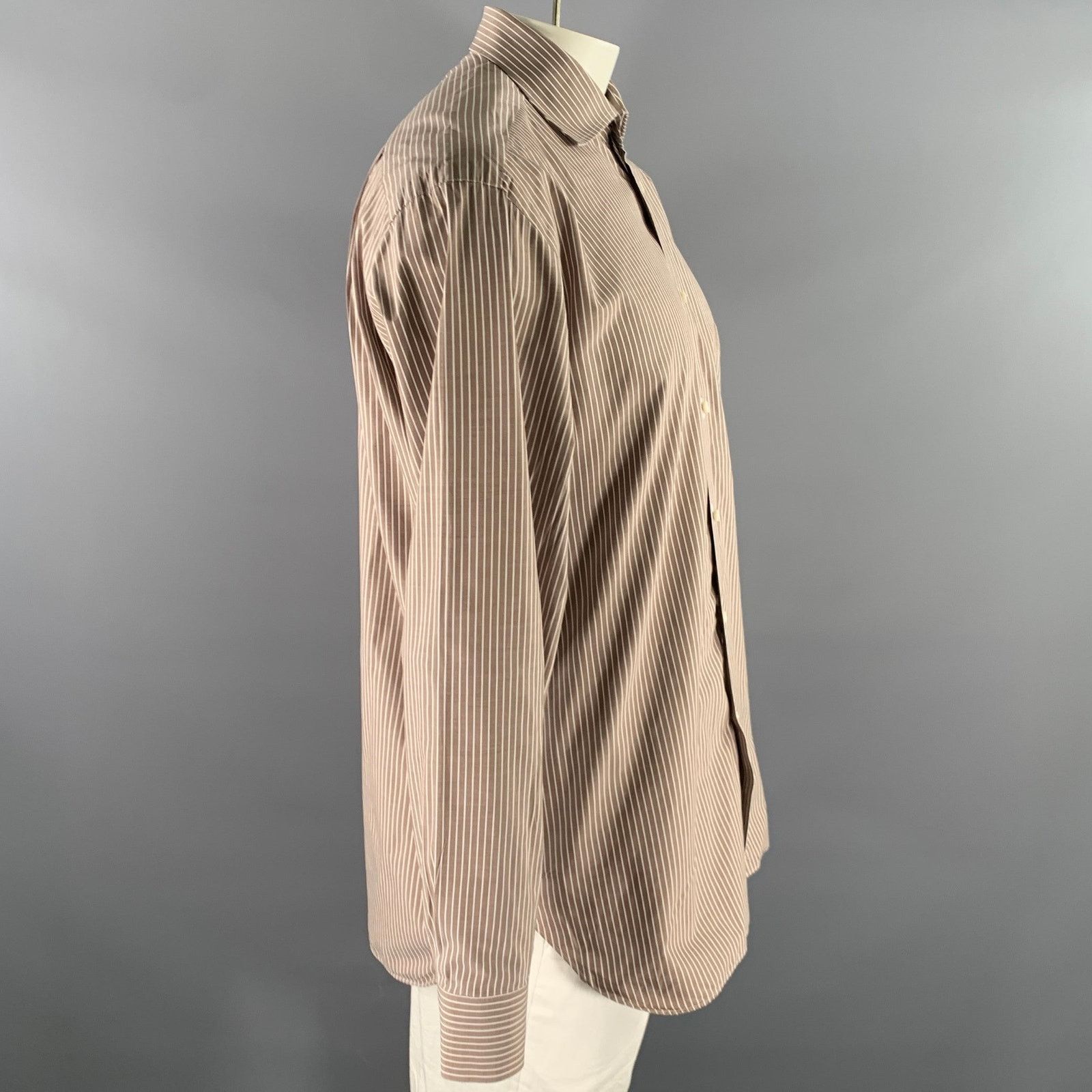 Other BORRELLI Size L Brown White Stripe Cotton Long Sleeve Shirt Size 48R - 3 Thumbnail