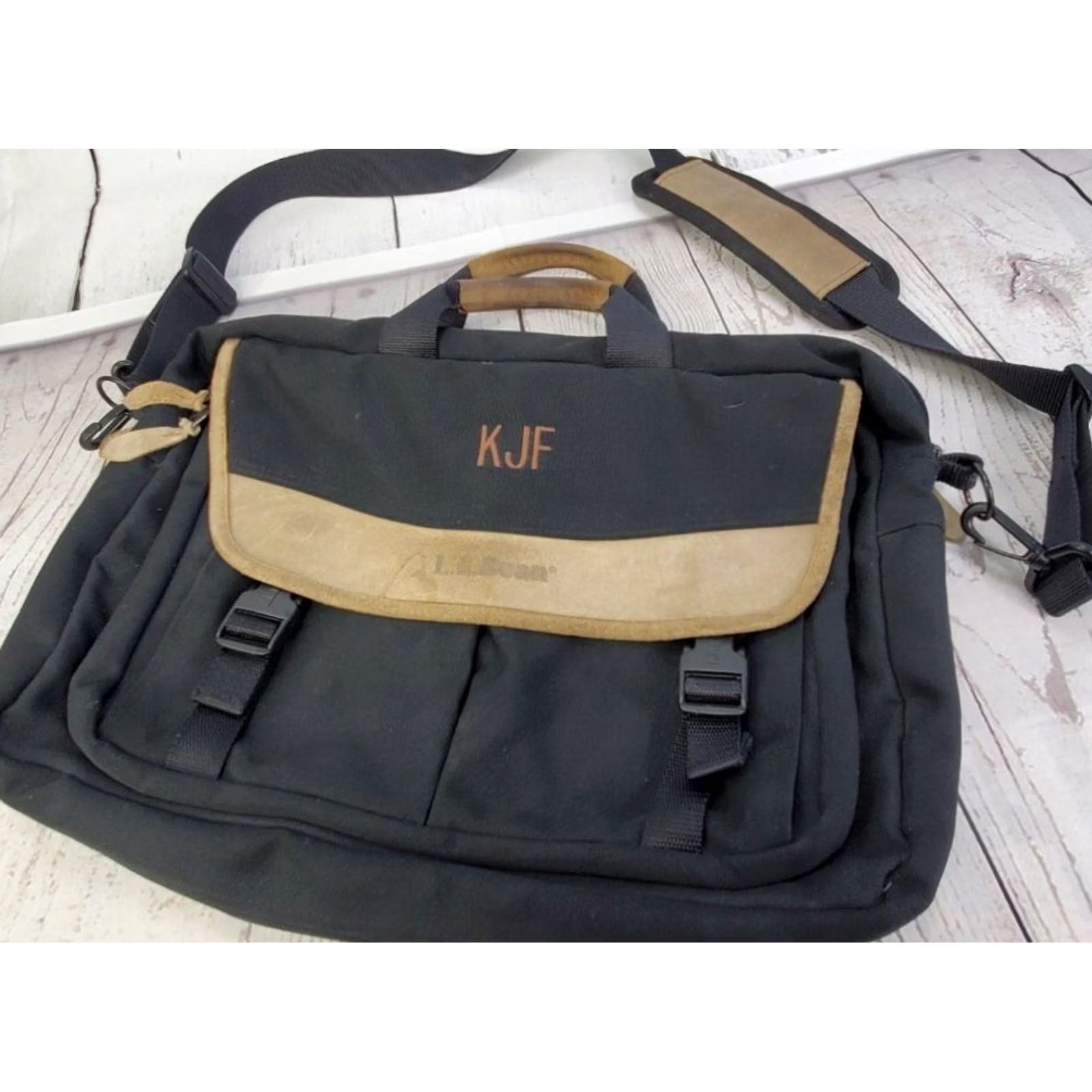 Vintage LL Bean 18" Leather Trim Canvas Laptop Shoulder Bag W/Strap Blue & Brown, Large Size ONE SIZE - 2 Thumbnail