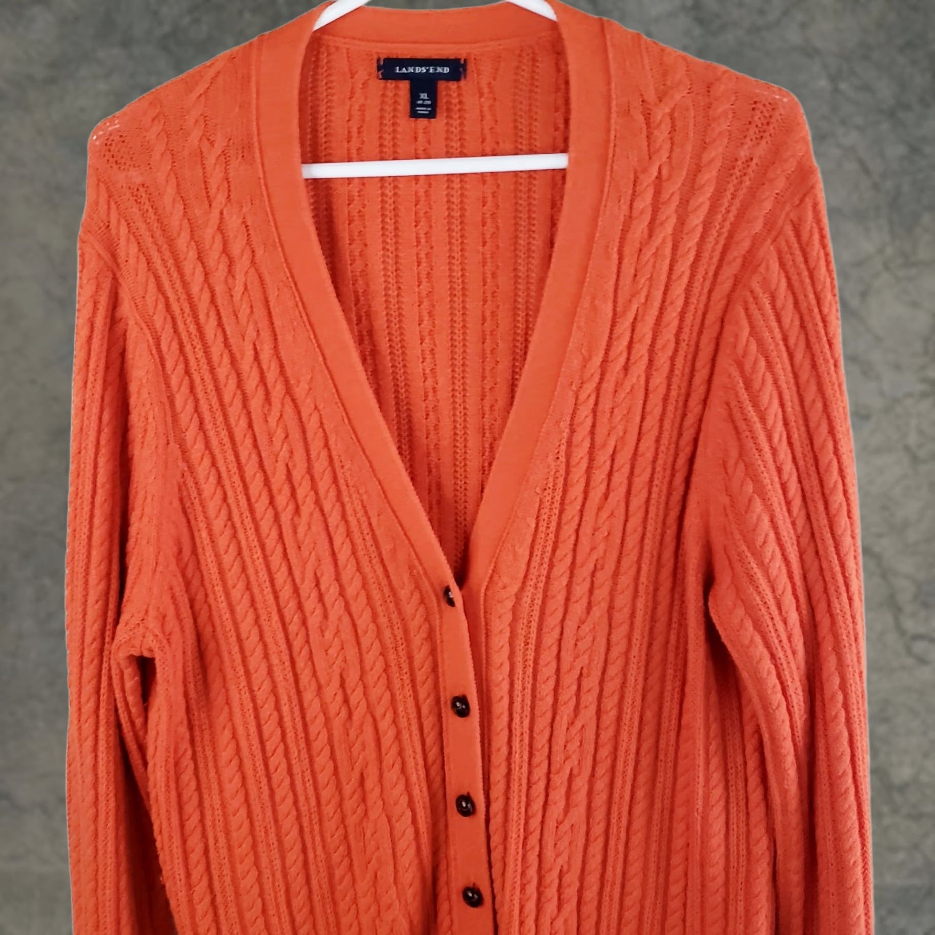 Lands' End Lands' End Women's XL Orange Cable Knit Cardigan Sweater Leather Look Buttons V-Neck Long Sleeve Knit Casual Fall Winter Spring Shirt/ Sweater Women Size XL / US 12-14 / IT 48-50 - 1 Thumbnail