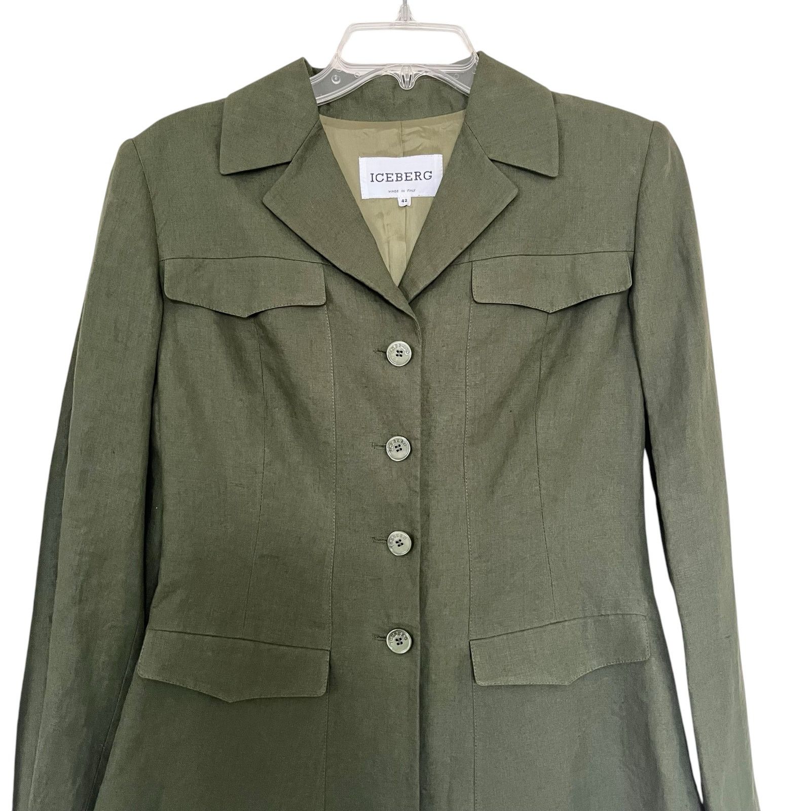 Iceberg Iceberg Army Green 100% Linen Utilitarian Blazer Jacket Size M / US 6-8 / IT 42-44 - 4 Thumbnail