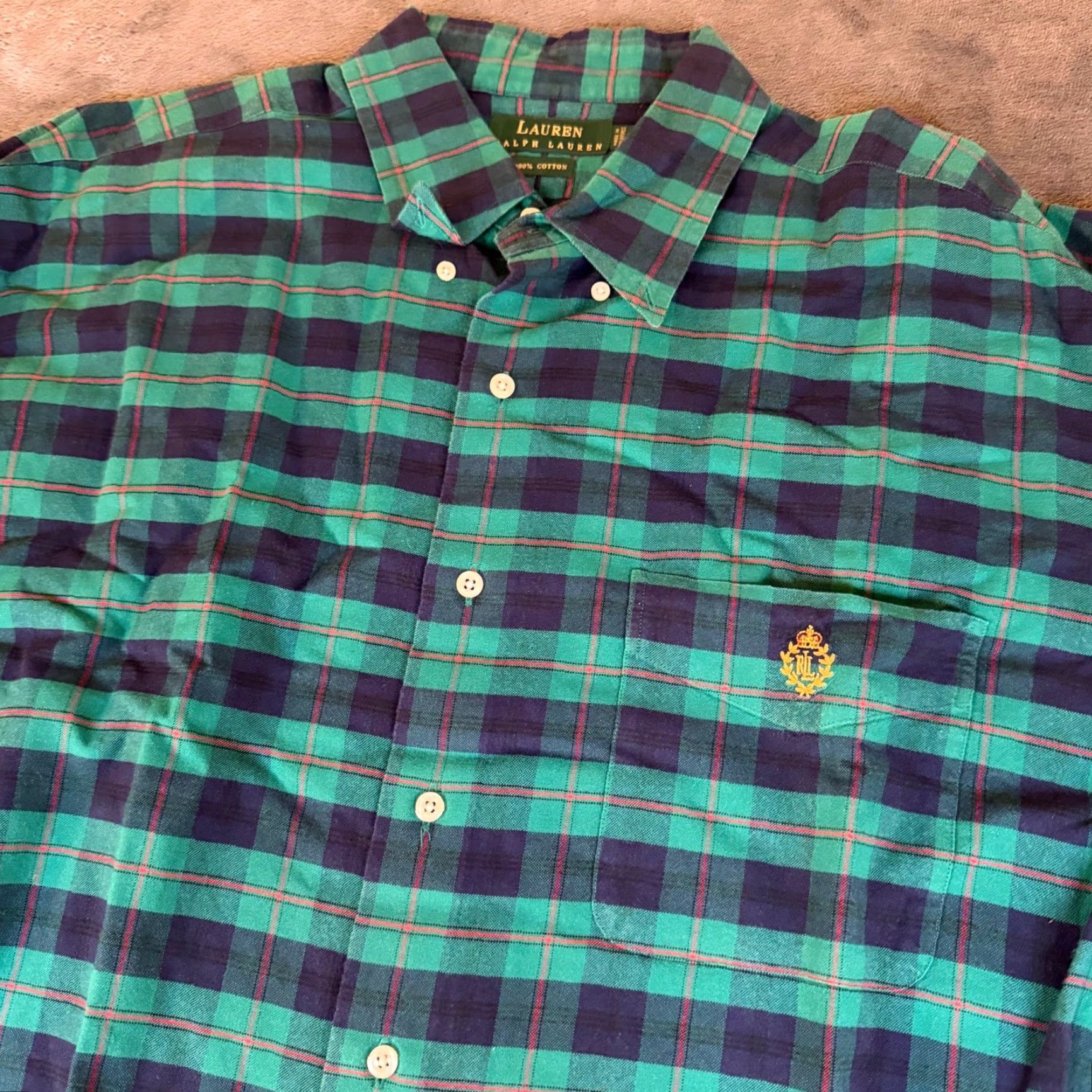 Ralph Lauren VINTAGE Lauren Ralph Lauren Plaid Shirt Men XL Long Sleeve Button-Up Green Navy Shirt Button-Down Col Size US XL / EU 56 / 4 - 2 Thumbnail