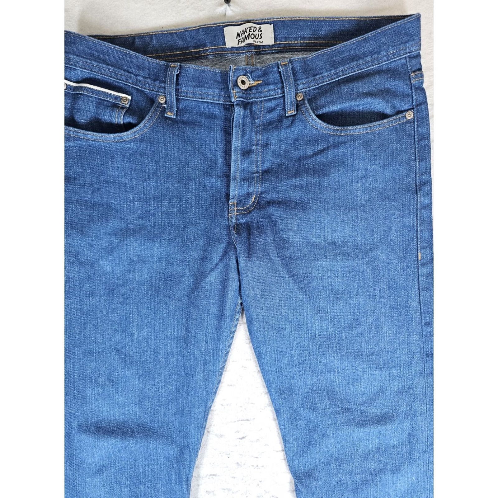 Denime Naked & Famous Weird Guy Selvedge Raw Denim Jeans Mens 34 Island Blue Stretch 34x30 Size US 34 / EU 50 - 5 Thumbnail