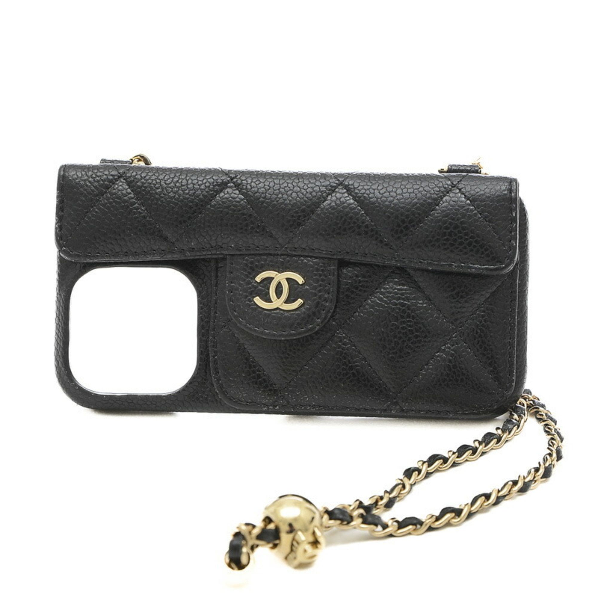 image of Chanel Matelasse Iphone Case 13Pro Smartphone Shoulder Caviar Black Ap2689, Women's