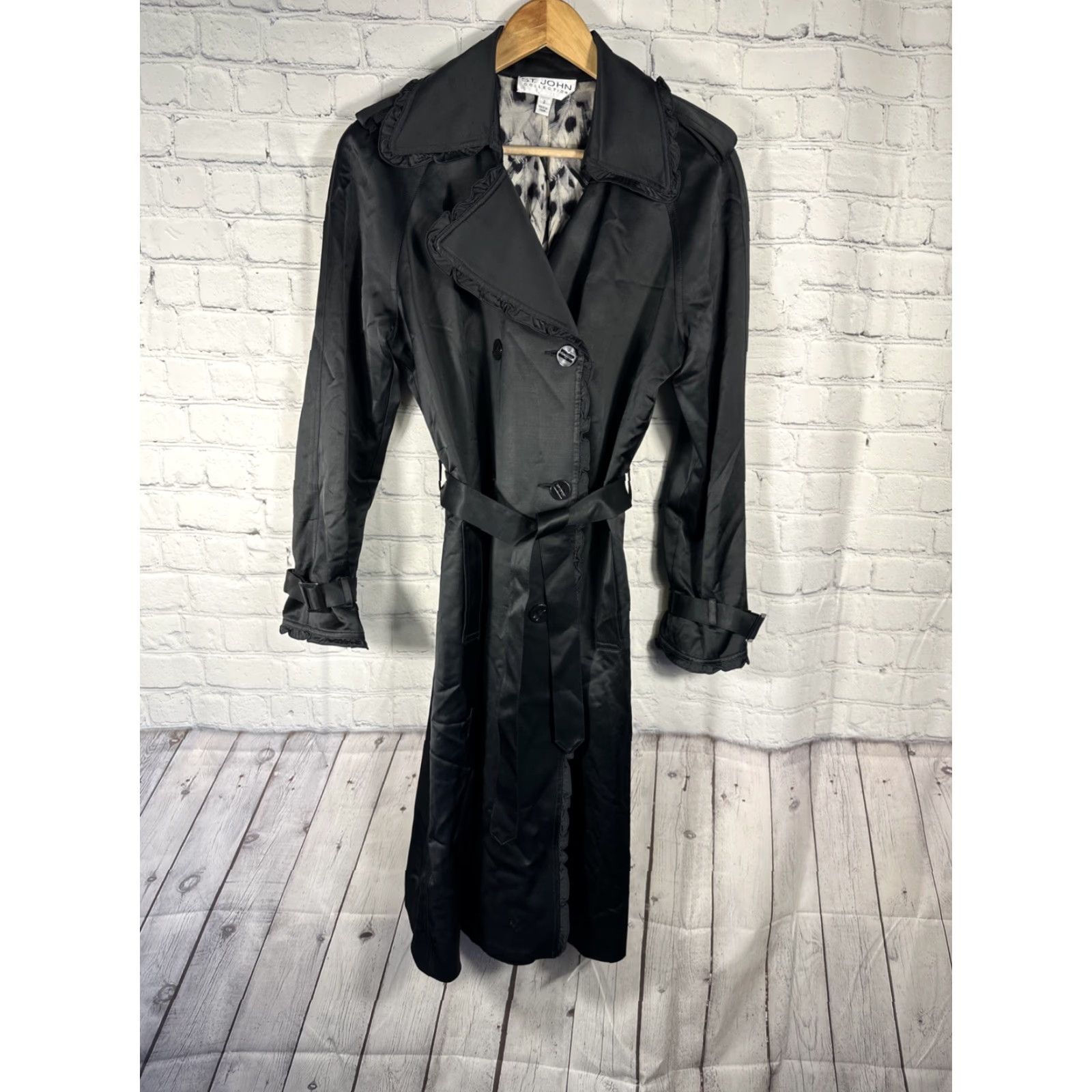 VINTAGE St. John Trench Coat Coat Long Black Ruffles Belted Whimsy Boho Designer Women 2