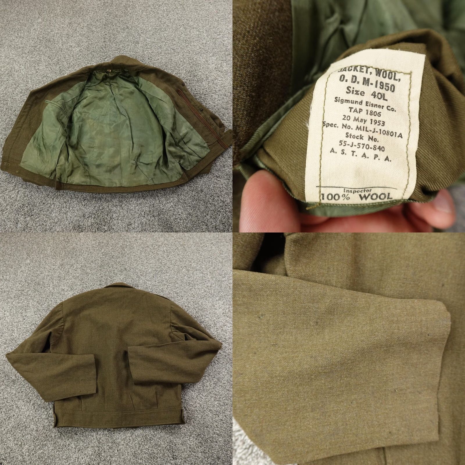 Olive VTG Army Jacket Mens 40 Olive Drab Wool M-1950 Military IKE Field Coat Talon 50s Size US XXS / EU 40 - 8 Thumbnail