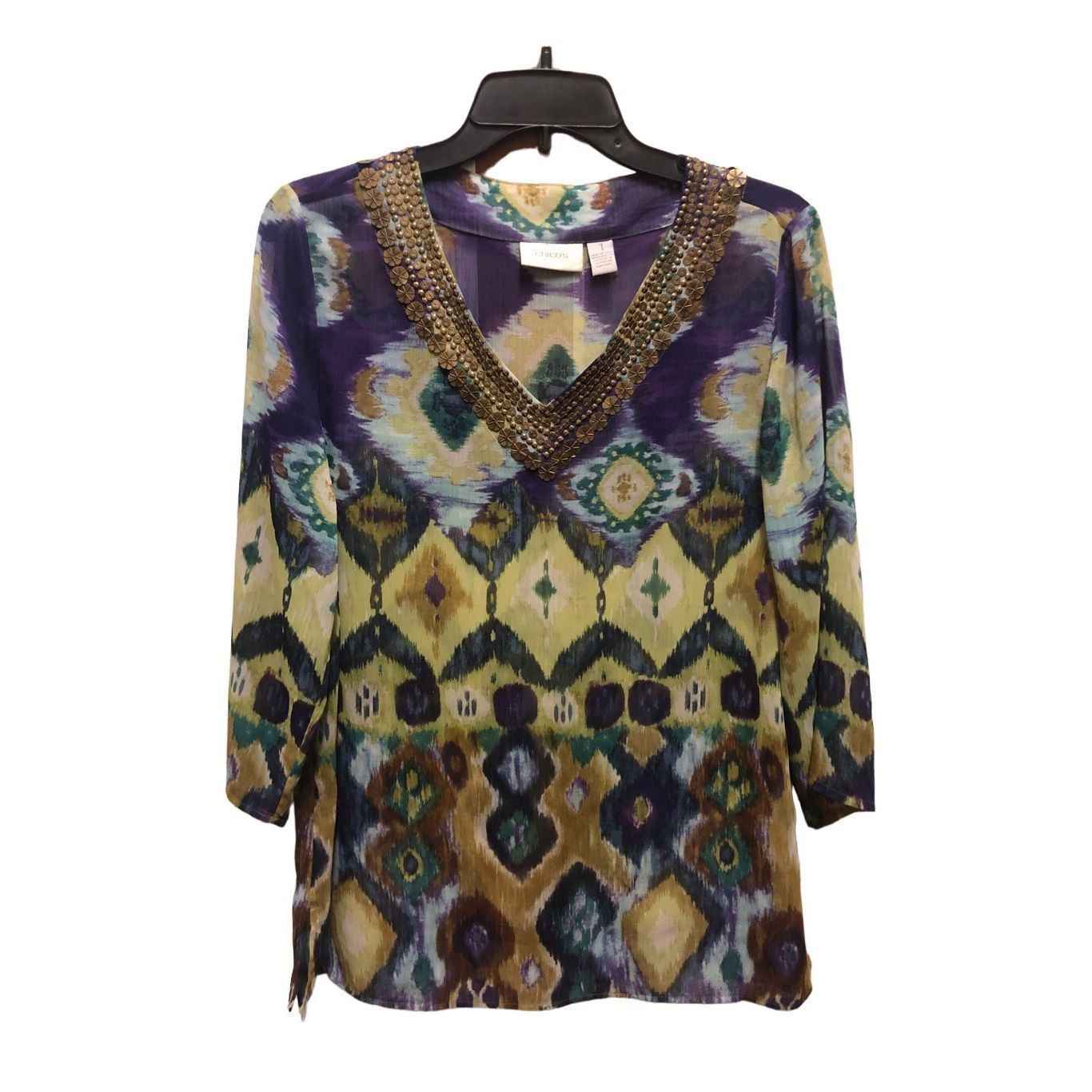 Chicos Chico’s Women’s Bohemian Patterned Sheer Tunic Blouse Metal Size M / US 6-8 / IT 42-44 - 1 Thumbnail