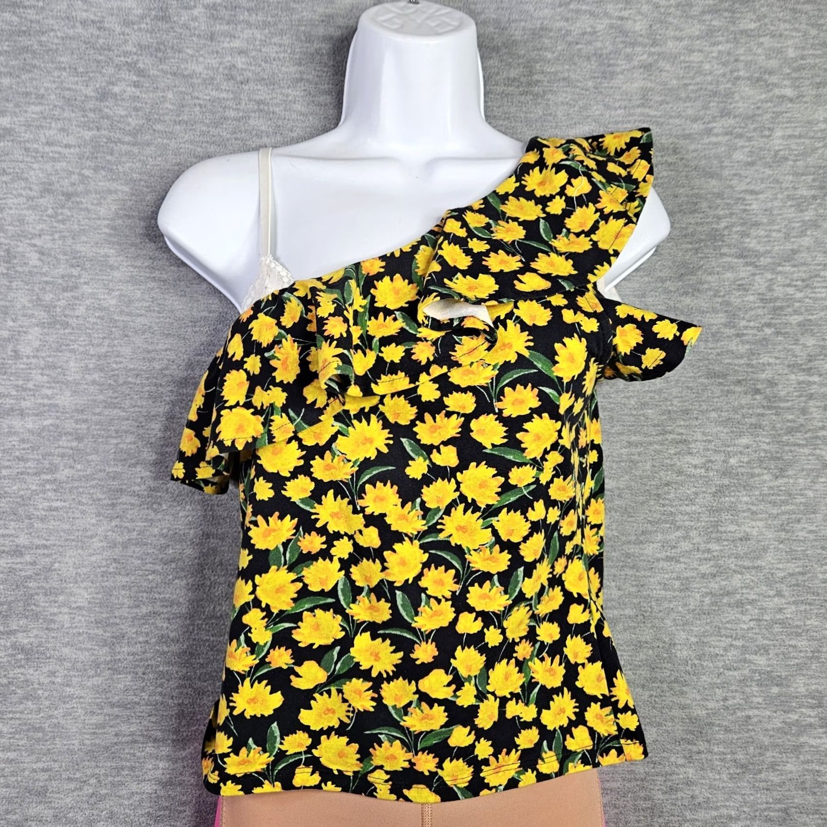 Vintage Maeve by Anthropologie Yellow Floral One-shoulder Top S Womens Cotton Blend Regular Short Sleeve Pullover N E W Size S / US 4 / IT 40 - 2 Thumbnail