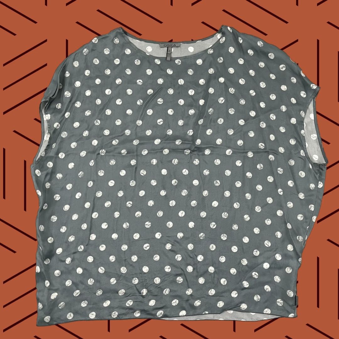 Vintage OSKA Blouse Top Boxy Green White Polka Dot Cupro Silky US 8/10 Size 2 Womens Size XS / US 0-2 / IT 36-38 - 1 Thumbnail