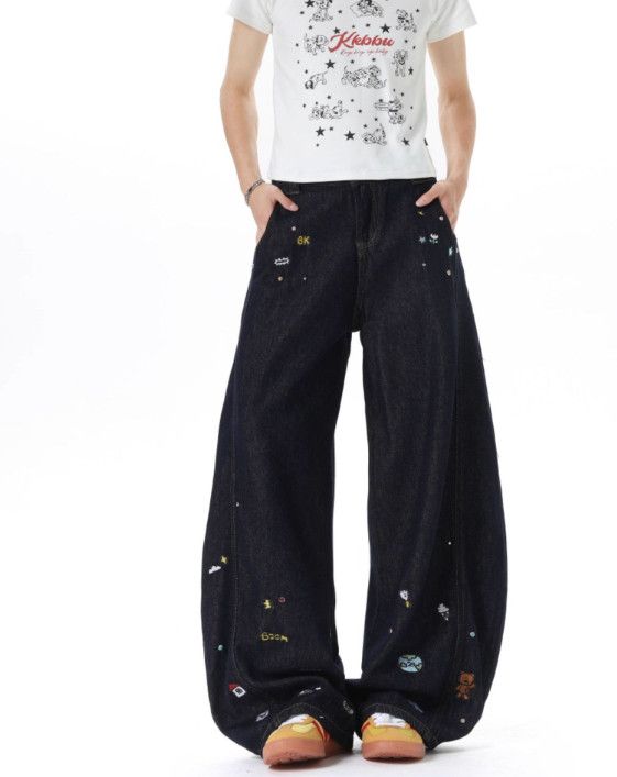 Japanese Brand Men's Retro Patchwork Denim Jeans with Cartoon Embroidery Size US 32 / EU 48 - 1 Thumbnail