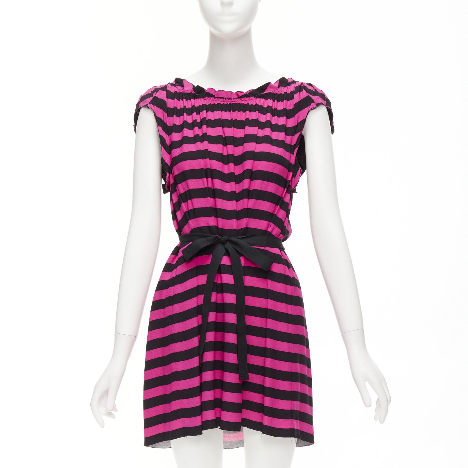 Prada PRADA black hot pink striped pleated drop neck ribbon belt mini dress IT38 XS Size XS / US 0-2 / IT 36-38 - 1 Thumbnail