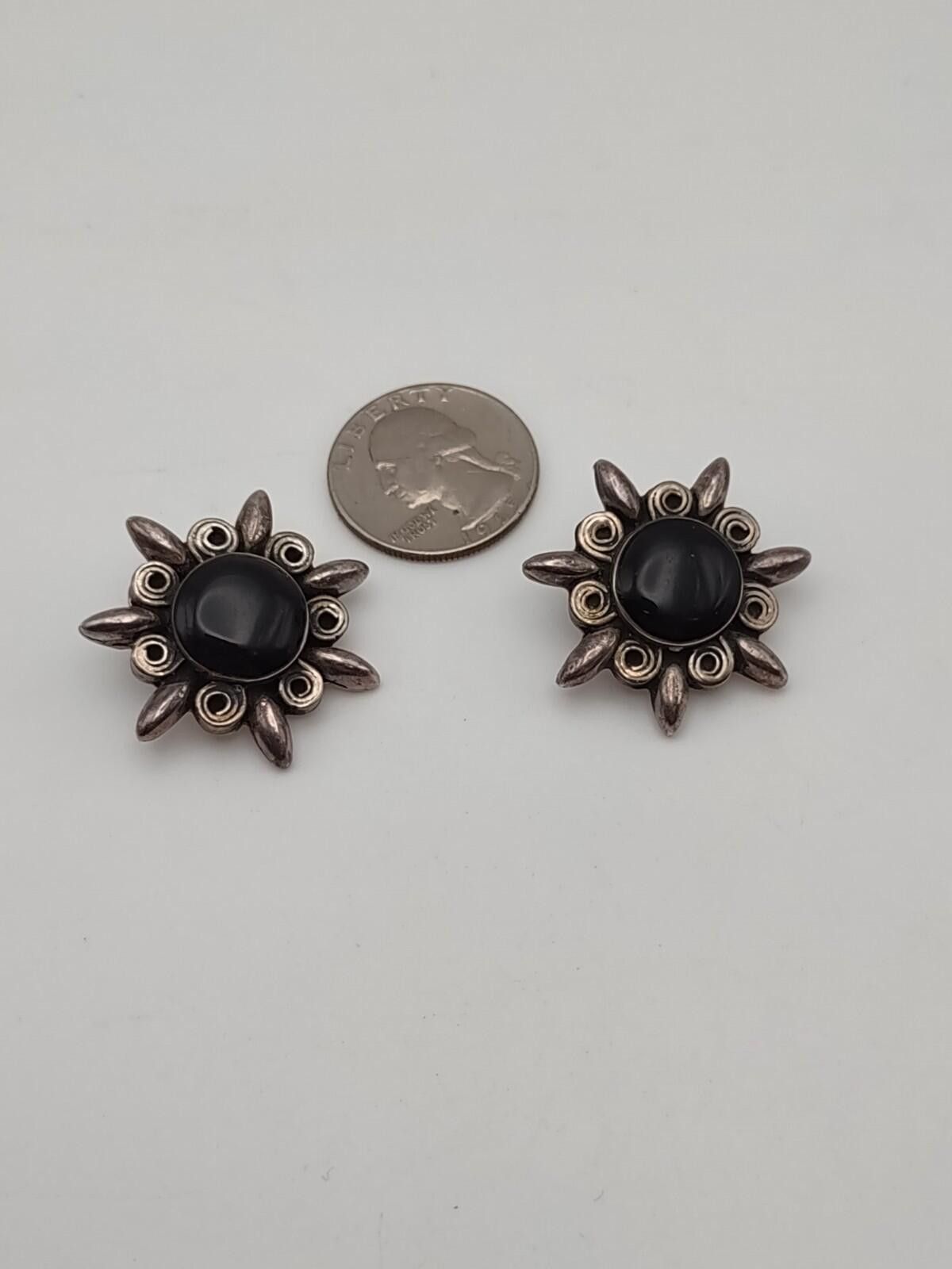 The Unbranded Brand Vintage Taxco Sterling Sunburst Earrings Black Onyx Size ONE SIZE - 4 Thumbnail