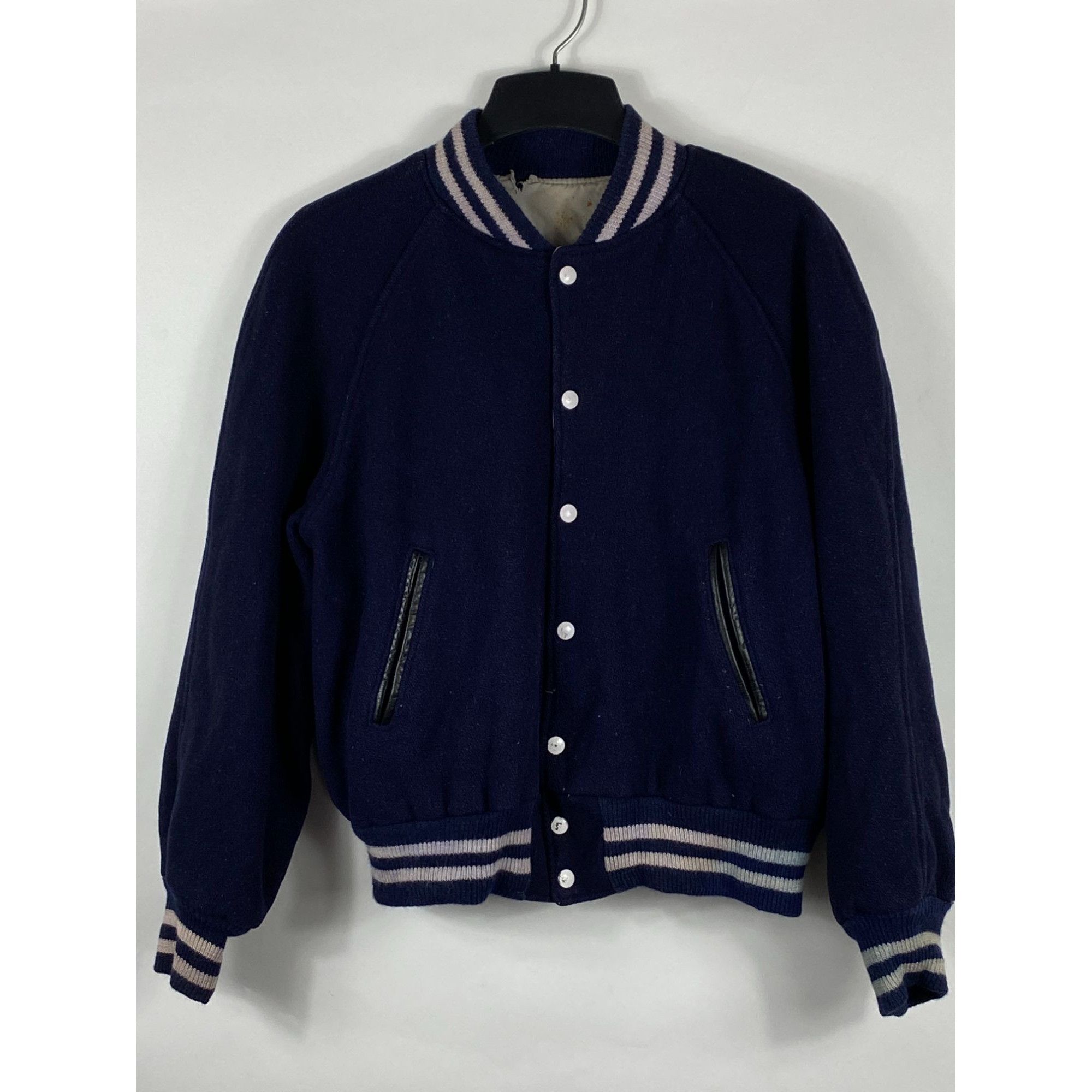 image of Vintage Vntg Hatchers Snap Button Plain Varsity Jacket Navy Blue (Se, Men's (Size Large)