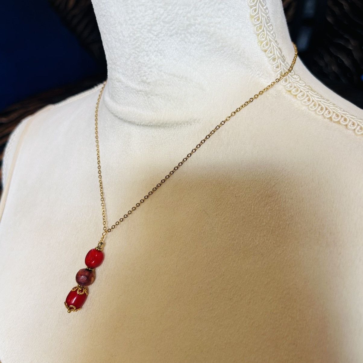 Handmade Handcrafted vintage bead red coral wood drop necklace Size ONE SIZE - 3 Thumbnail