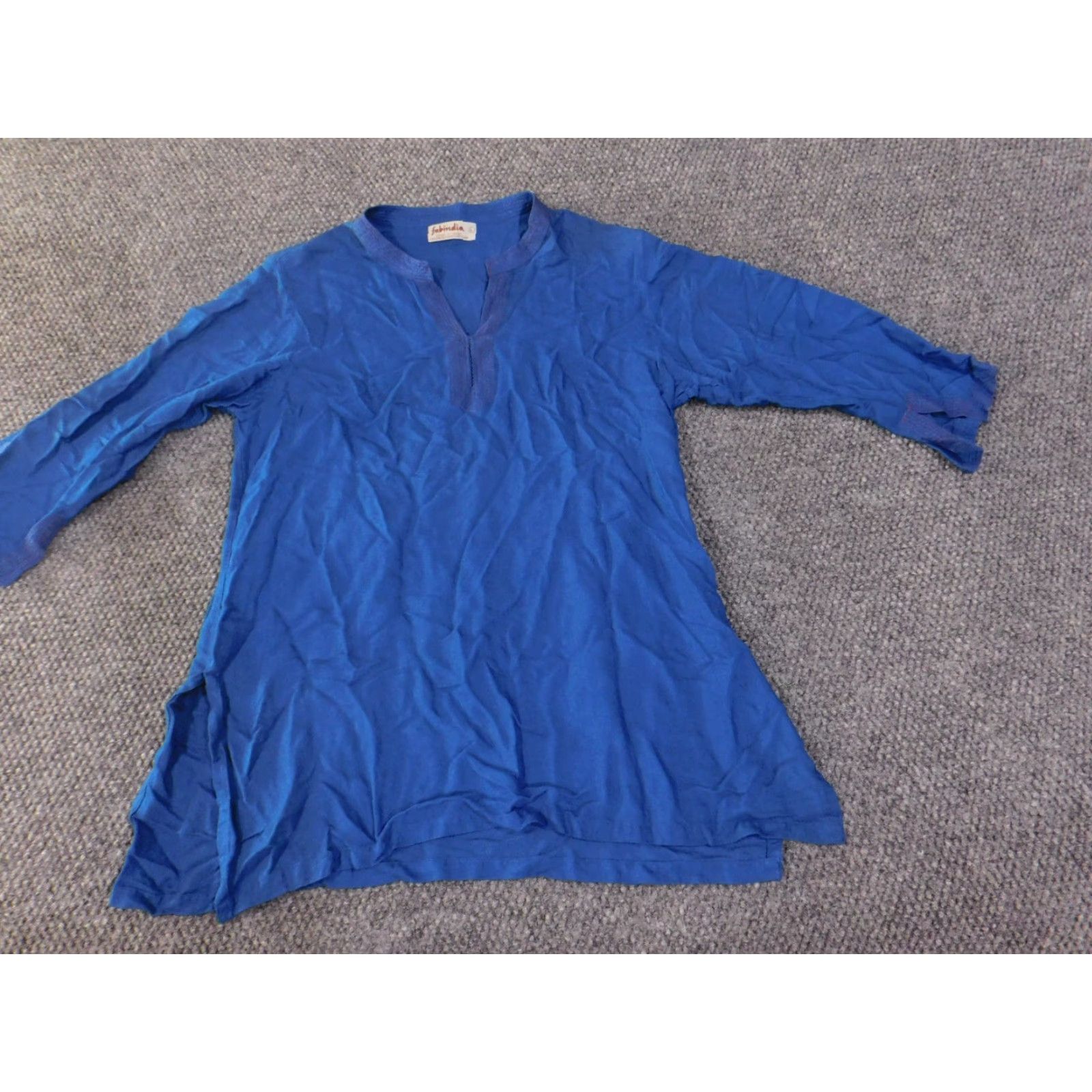 Vintage Fabindia Tunic Blouse Womens L Blue Cotton V-Neck Boho Ethnic Shirt Top Regular Fit Size L / US 10 / IT 46 - 3 Thumbnail