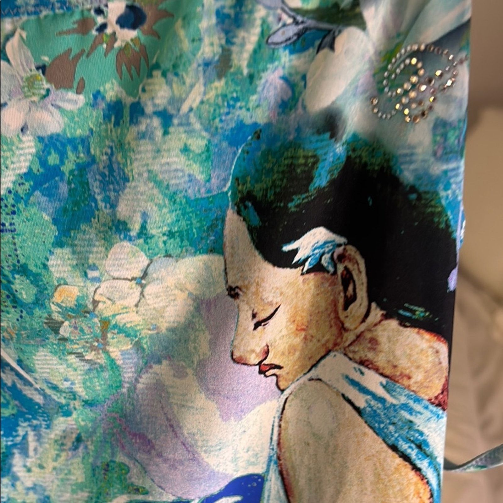 Blumarine NWT Hawaiian caracteres Paul Gauguin Blue Green Womens Top S Size S / US 4 / IT 40 - 3 Thumbnail