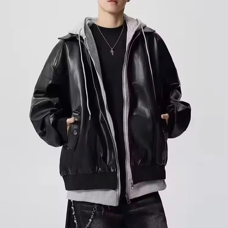 Japanese Brand Fake Two-Piece Double Zipper Leather Bomber - Black/Grey Size US XXL / EU 58 / 5 - 7 Thumbnail