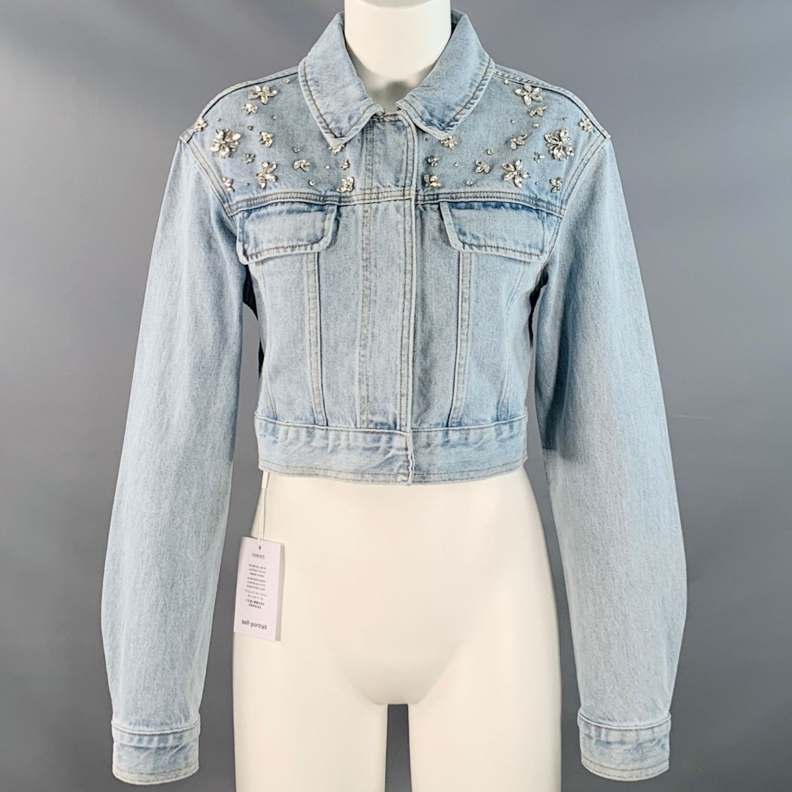 Self-Portrait SELF-PORTRAIT 6 Blue Cotton Rhinestones Cropped Denim Jacket Size M / US 6-8 / IT 42-44 - 1 Thumbnail