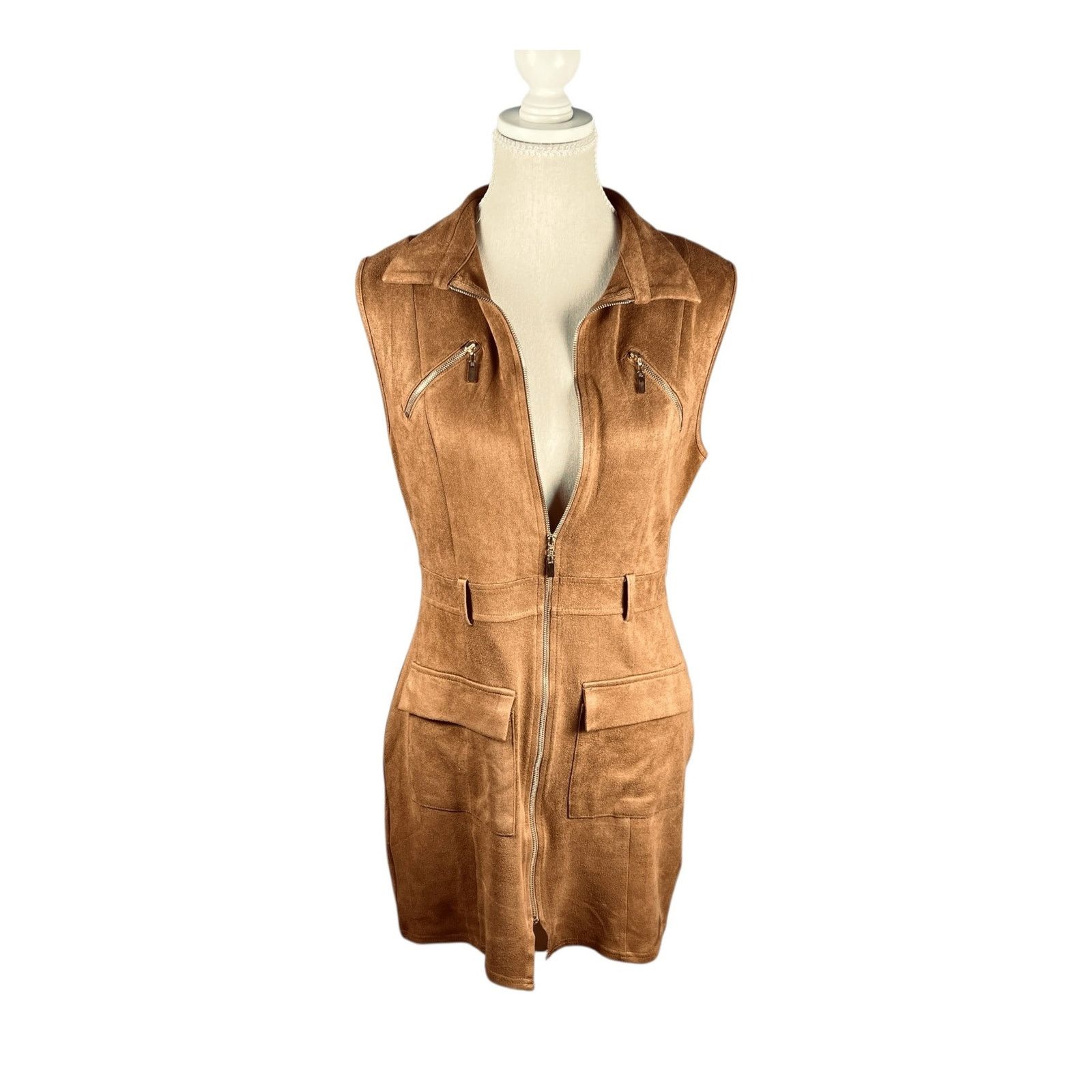 Other Retro Mod Faux Suede Zip Front Mini Dress Sienna Brown Sz L Size L / US 10 / IT 46 - 6 Thumbnail