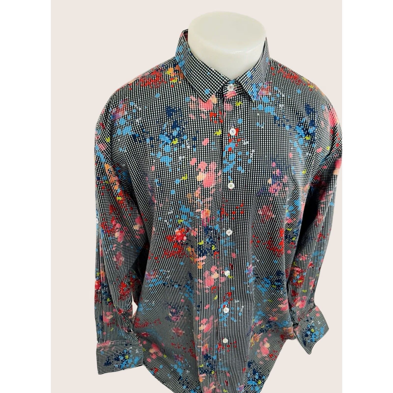 LANSKY BROTHERS Memphis - Paint Splatter Plaid 2XL Shirt - EXCELLENT Shirt Mens 2XL Black White Etc. Plaid - 90s?