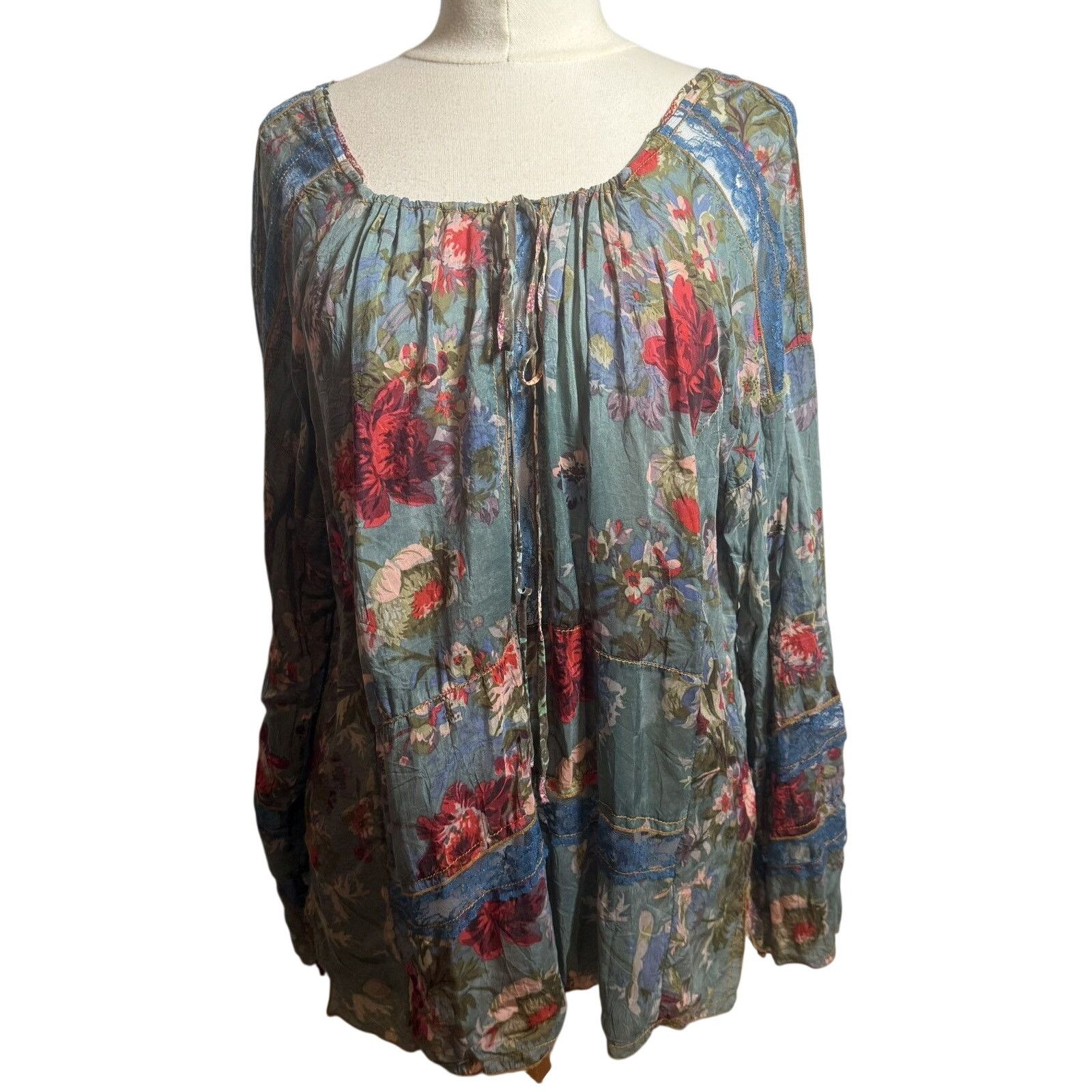 Johnny Was Multi Color Silk Long Sleeve Tunic with Lace Trim Size XL / US 12-14 / IT 48-50 - 1 Thumbnail