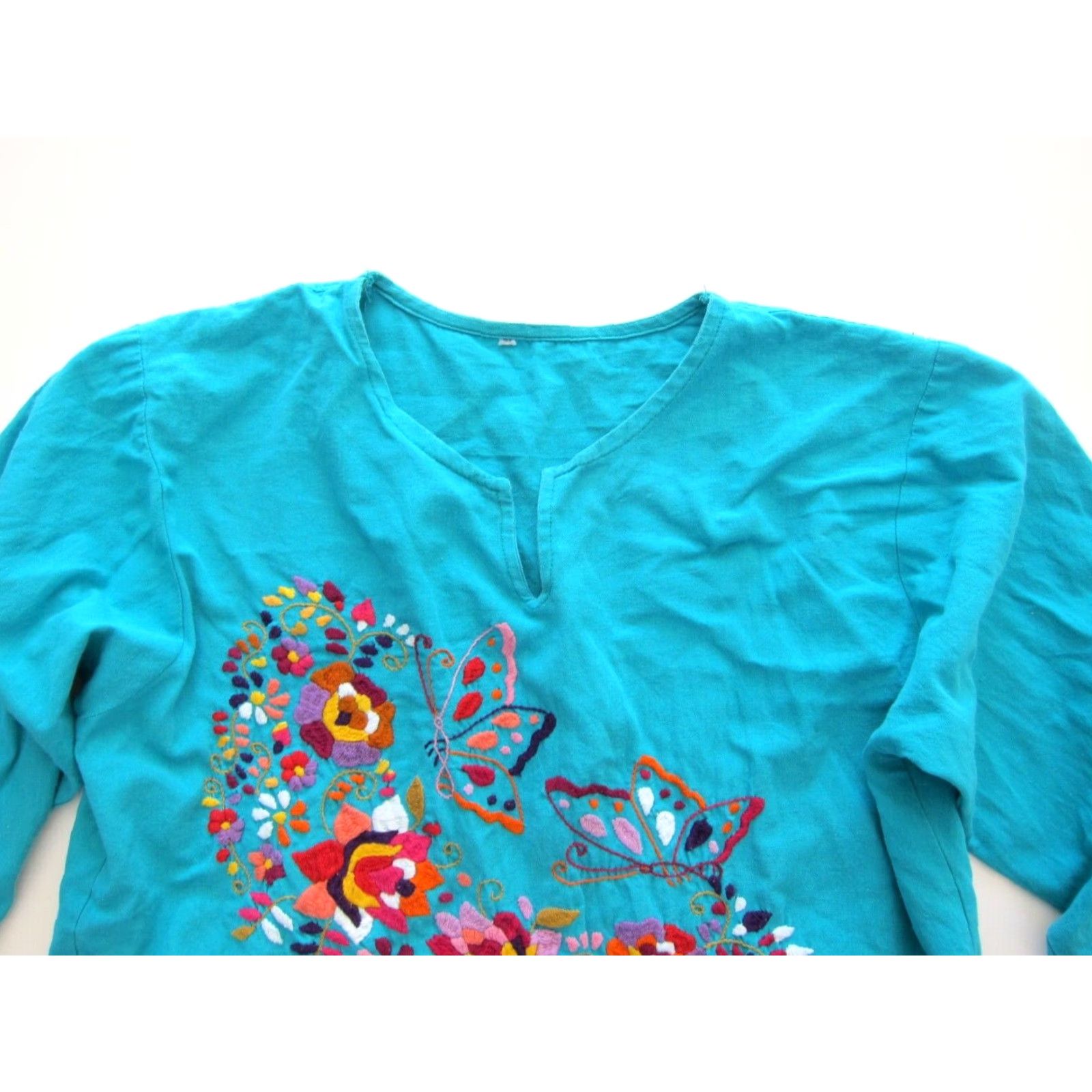 Altea Vintage Unbranded Blouse 100% Cotton Teal Pink Orange Embroidered Butterfly Floral Hippy L Women 3/4 Sleeve V-Neck Tunic Size L / US 10 / IT 46 - 3 Thumbnail