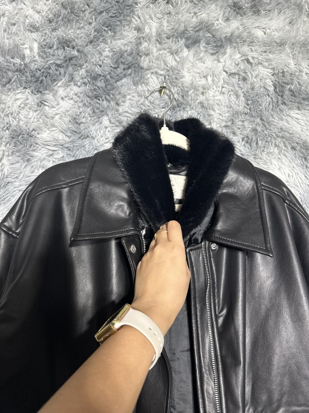 Other wild fable Black Faux Leather Jacket with Faux Fur Collar Size L / US 10 / IT 46 - 3 Thumbnail