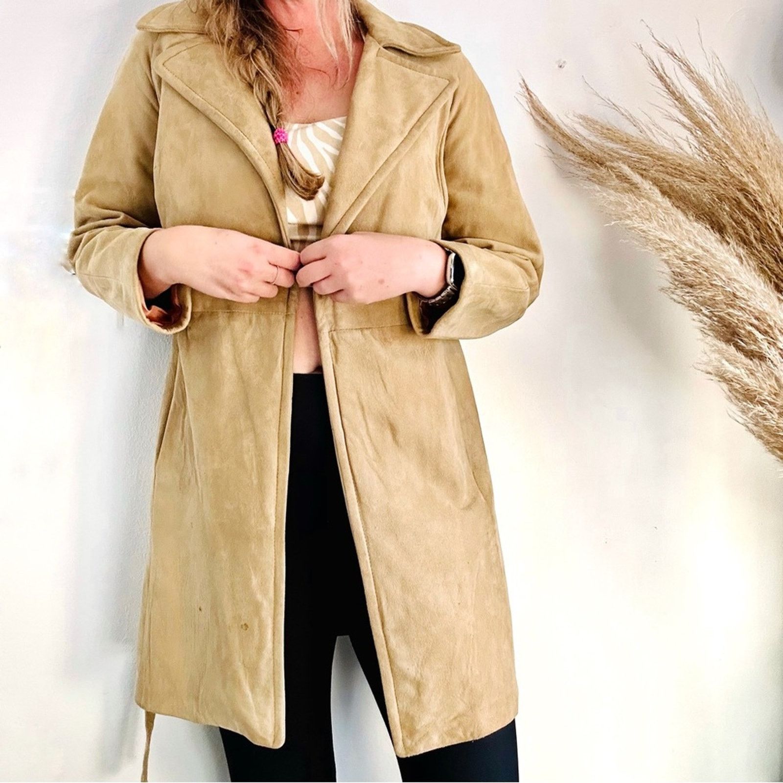 Vintage VINTAGE Beige Tan Camel Suede Leather Trench Coat Tie Jacket Size M / US 6-8 / IT 42-44 - 14 Thumbnail