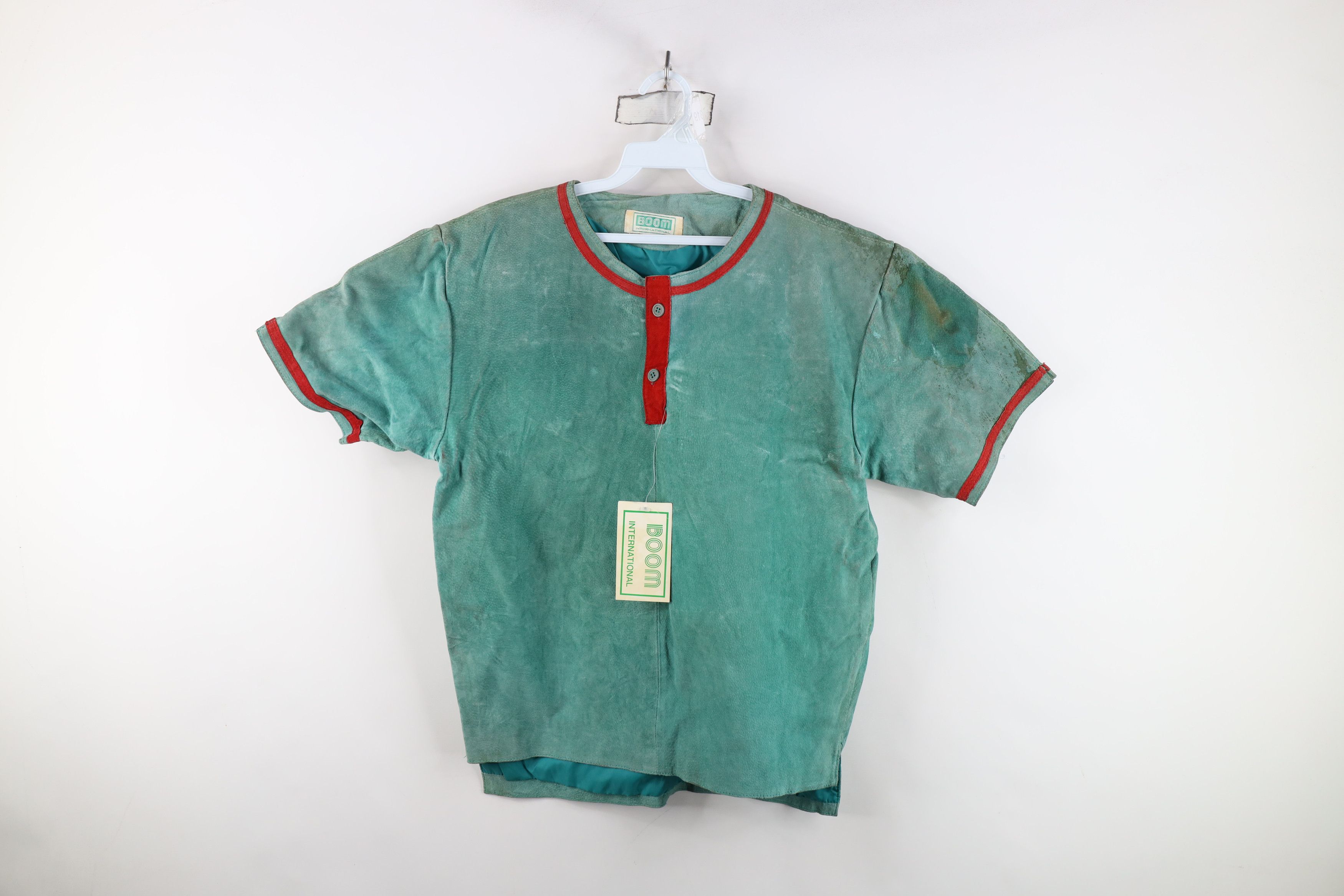 Vintage Deadstock Vintage 90s Streetwear Leather Henley Shirt Green Size US M / EU 48-50 / 2 - 1 Thumbnail