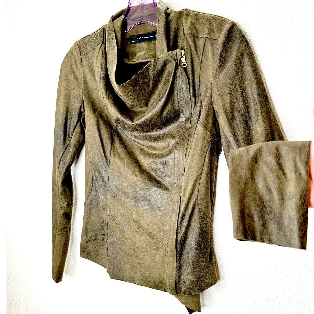 Zara Zara Olive Green Black Suede Side Zip Cowel Neck Jacket XS Size XS / US 0-2 / IT 36-38 - 1 Thumbnail