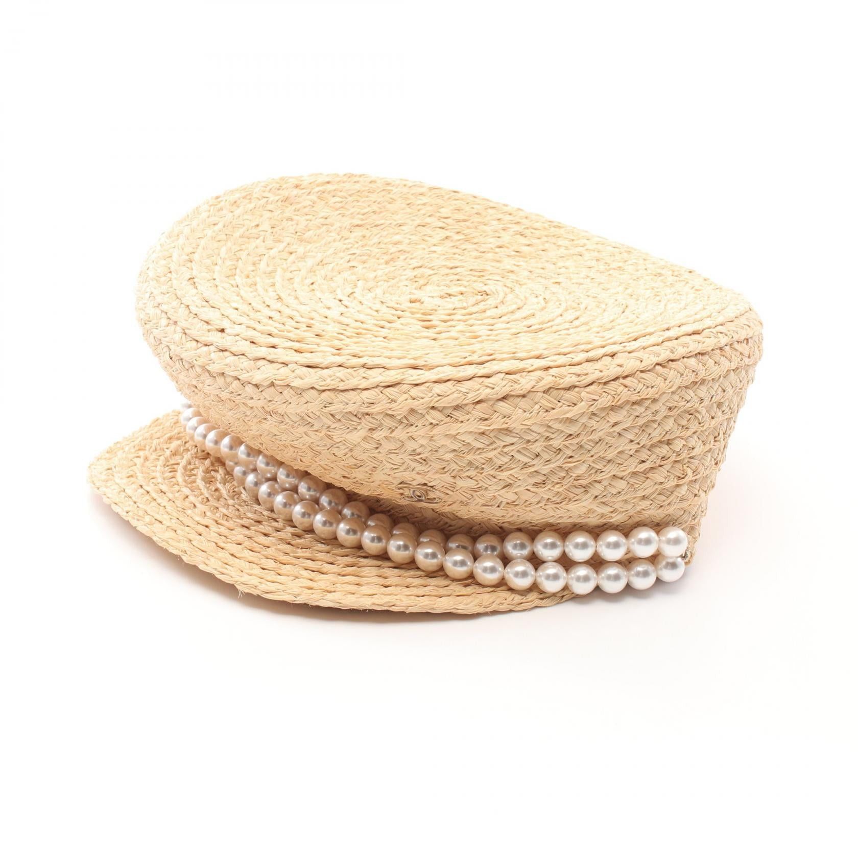 Chanel Chanel Coco Mark Double Pearl Casquette Cap Raffia Beige Size ONE SIZE - 1 Thumbnail