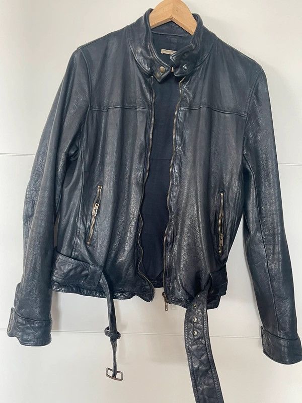 image of Leather Jacket x Miu Miu Jacket Leather Bike Moto Belt Sport Coat Vintage in Black, Women's (Size M