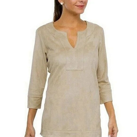 Gretchen Scott Tuffso Faux Suede 3/4 Sleeve Split V-Neck Tunic NWOT Size S / US 4 / IT 40 - 1 Thumbnail