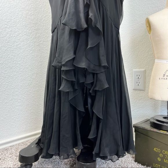 Vintage VTG William Travilla Ruffle Tiered Black Silk Chiffon Gown Size XL / US 12-14 / IT 48-50 - 3 Thumbnail