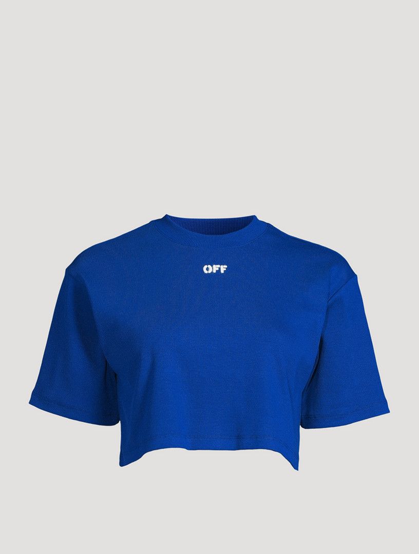 Off-White o1mle0425 Stamp Ribbed Cropped T-Shirt in Blue Size M / US 6-8 / IT 42-44 - 1 Thumbnail