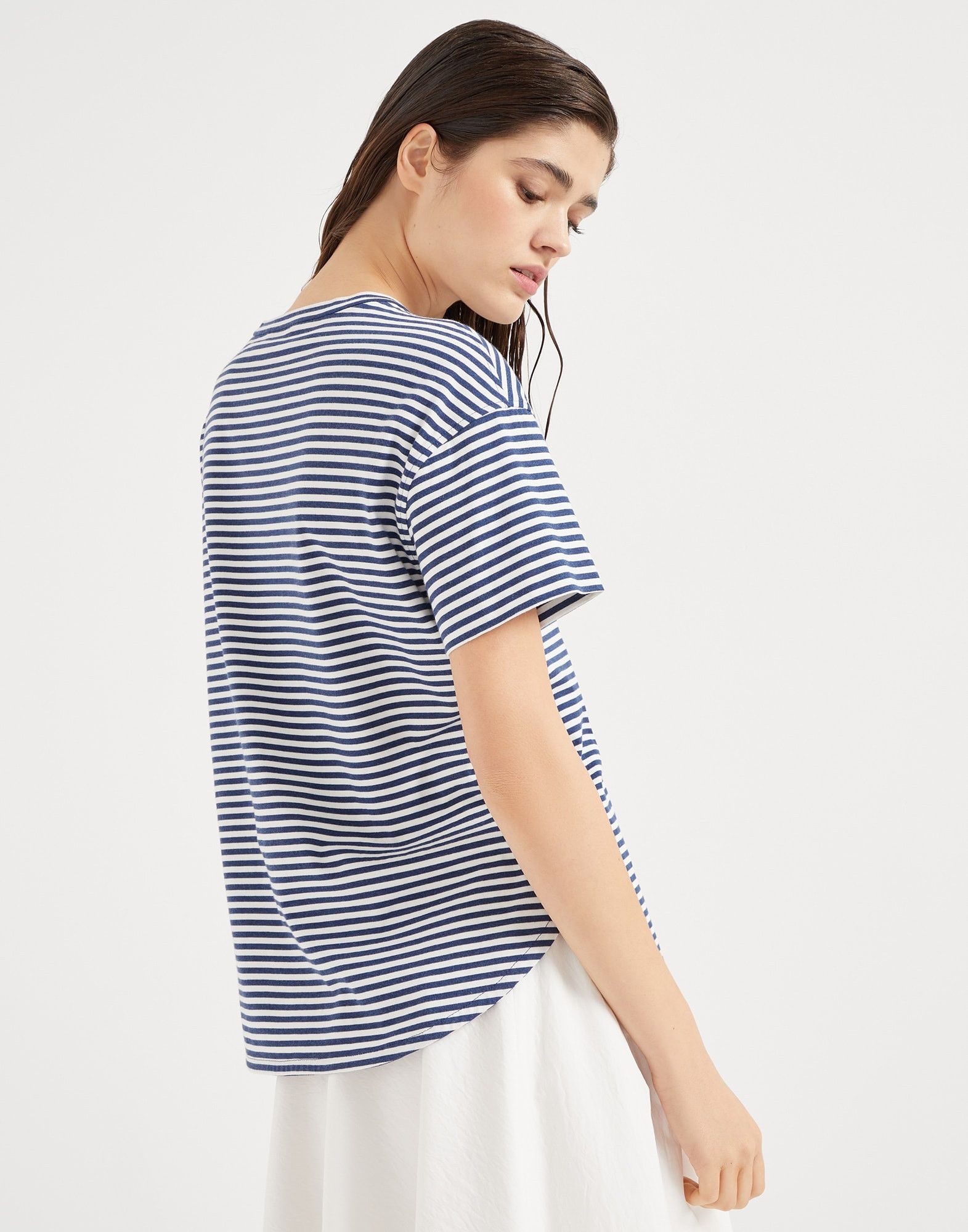 Brunello Cucinelli o1la1rc1a0326 Cotton Striped Jersey T-Shirt in White/Blue Size M / US 6-8 / IT 42-44 - 2 Thumbnail
