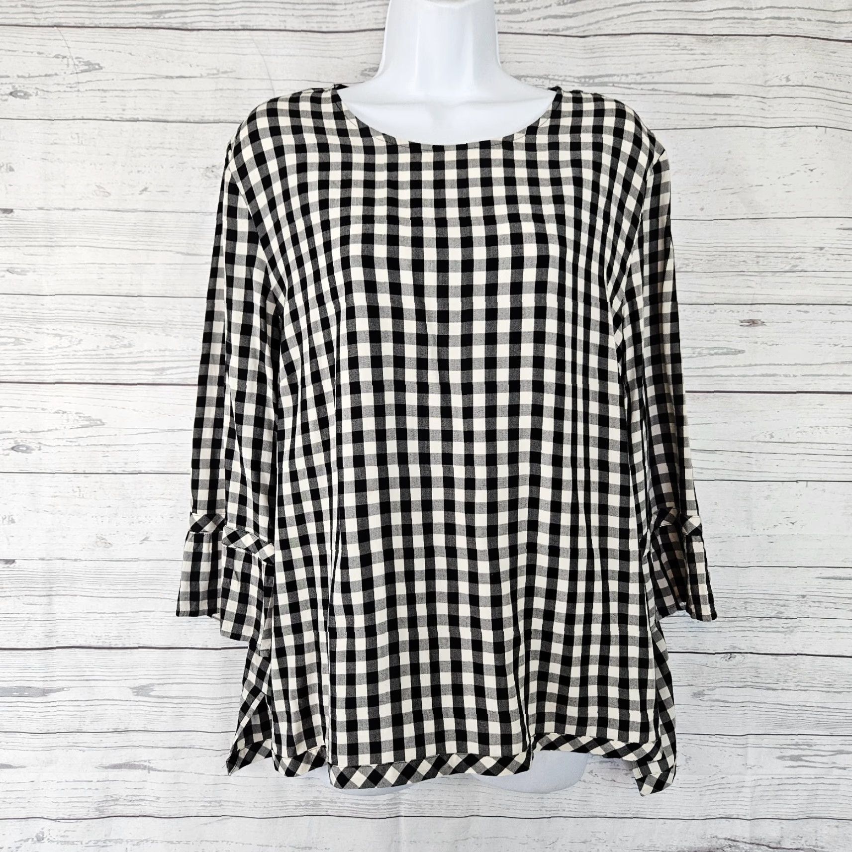 J. Jill J. Jill Blouse Shirt Womens XL Black Gingham 3/4 Sleeve Rayon Top Crew Neck Pullover Adult Ladies Shirt Size XL / US 12-14 / IT 48-50 - 2 Thumbnail