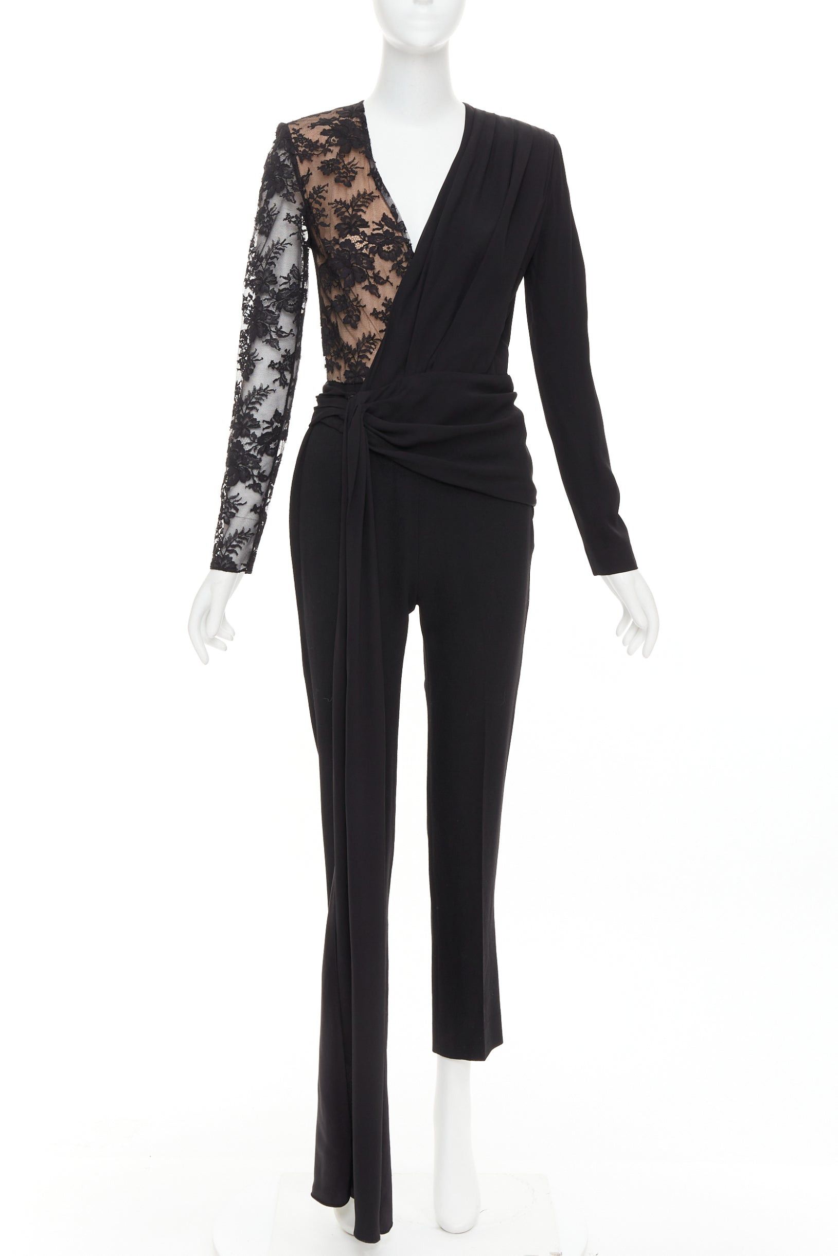 Givenchy GIVENCHY black silk cotton blend intricate lace trim wrap jumpsuit FR36 S Size 27" / US 4 / IT 40 - 1 Thumbnail