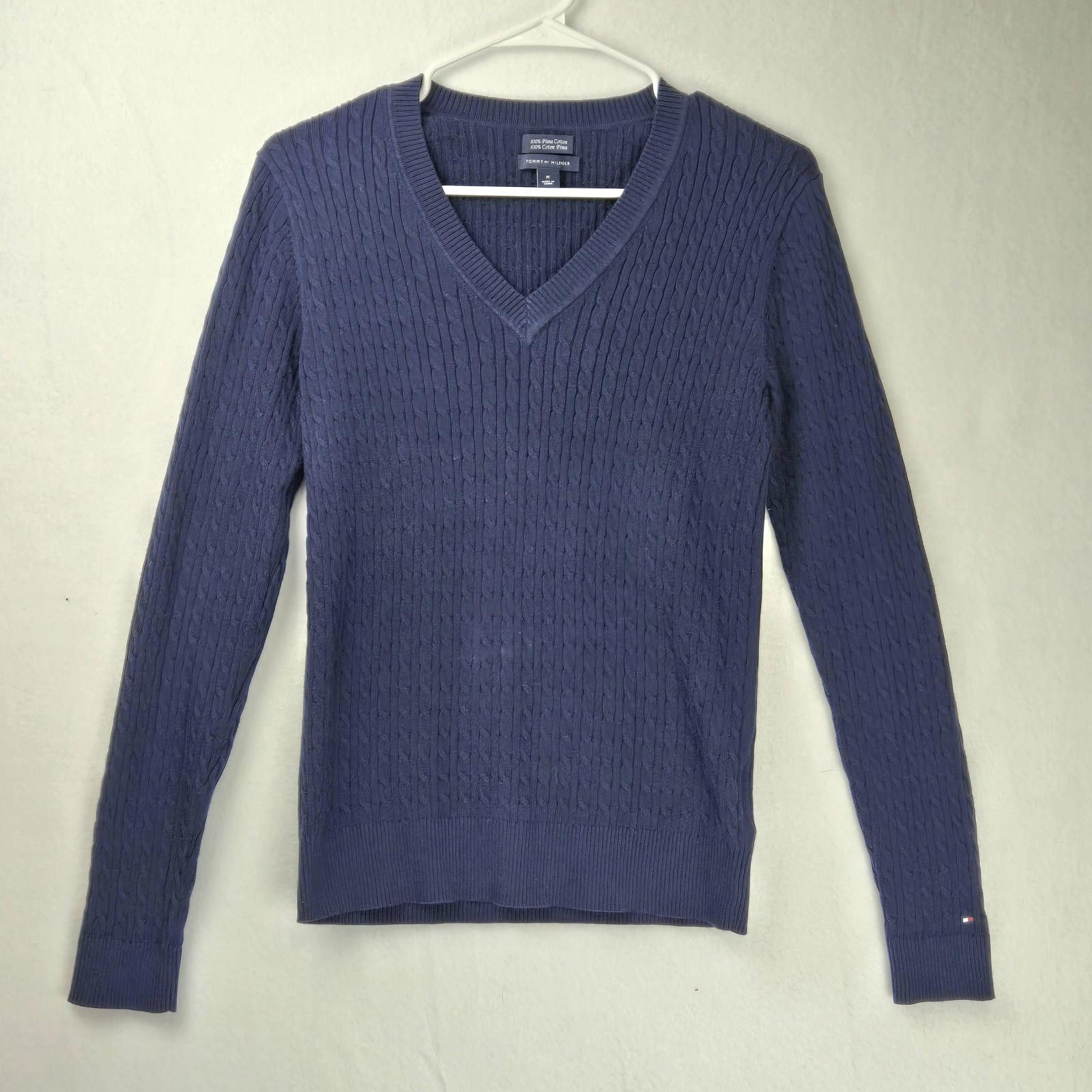 Tommy Hilfiger Tommy Hilfiger Navy V-Neck Cable Knit Sweater Womens M Pima Size M / US 6-8 / IT 42-44 - 1 Thumbnail