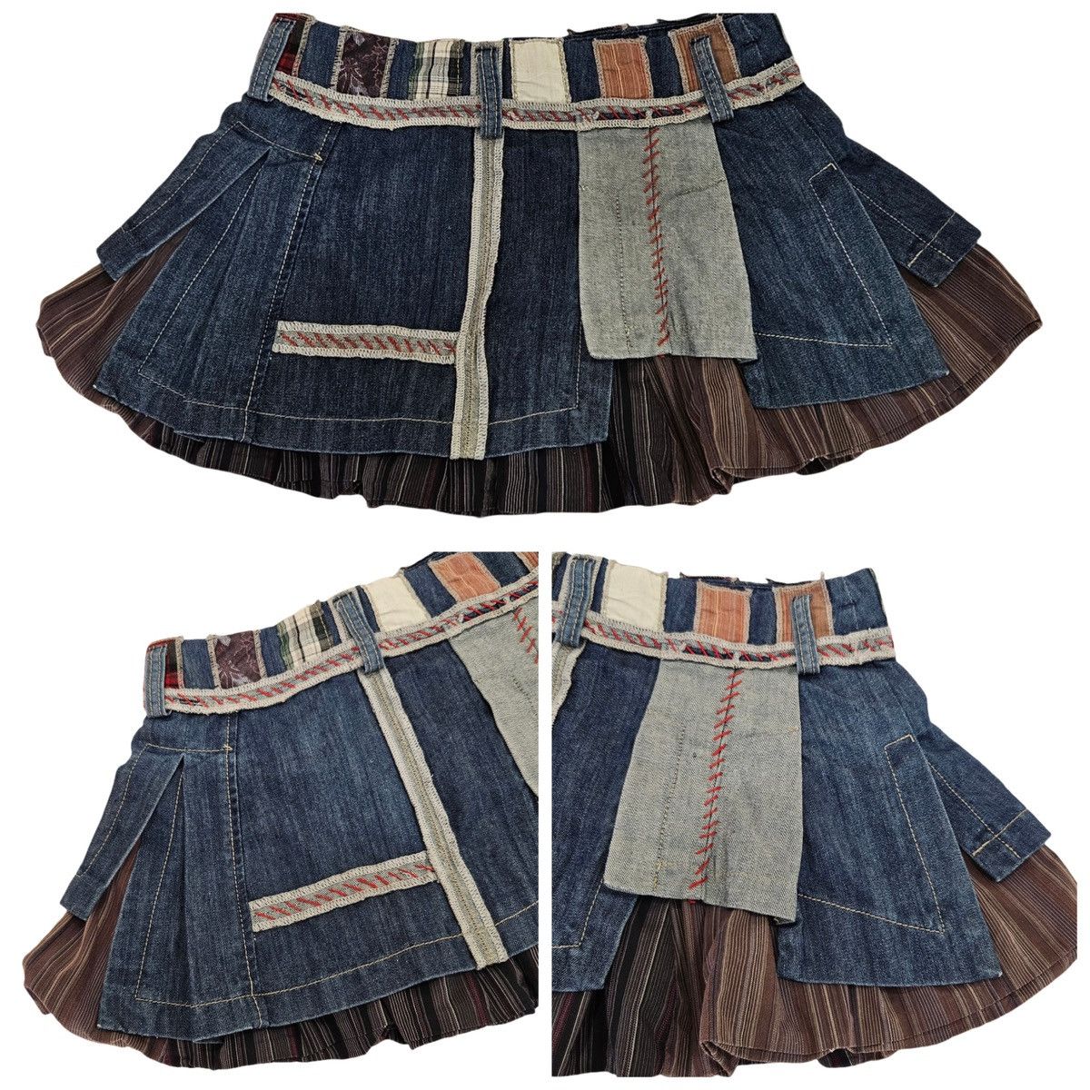 Designer × Vintage Vintage Multi-Material Layered Patchwork Denim Mini Skirt Size 28" / US 6 / IT 42 - 6 Thumbnail