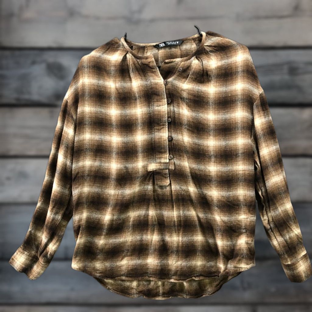 Zara Zara Popover Top Womens S Brown Black Plaid Long Sleeve Lightweight Flannel Button Knit Cotton Casual Size S / US 4 / IT 40 - 1 Thumbnail