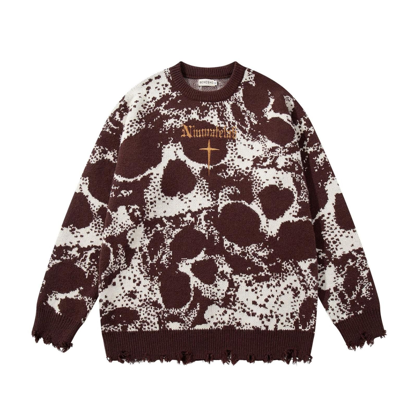 Japanese Brand Cross Brown White Distressed Crew Neck Sweater Size US M / EU 48-50 / 2 - 6 Thumbnail