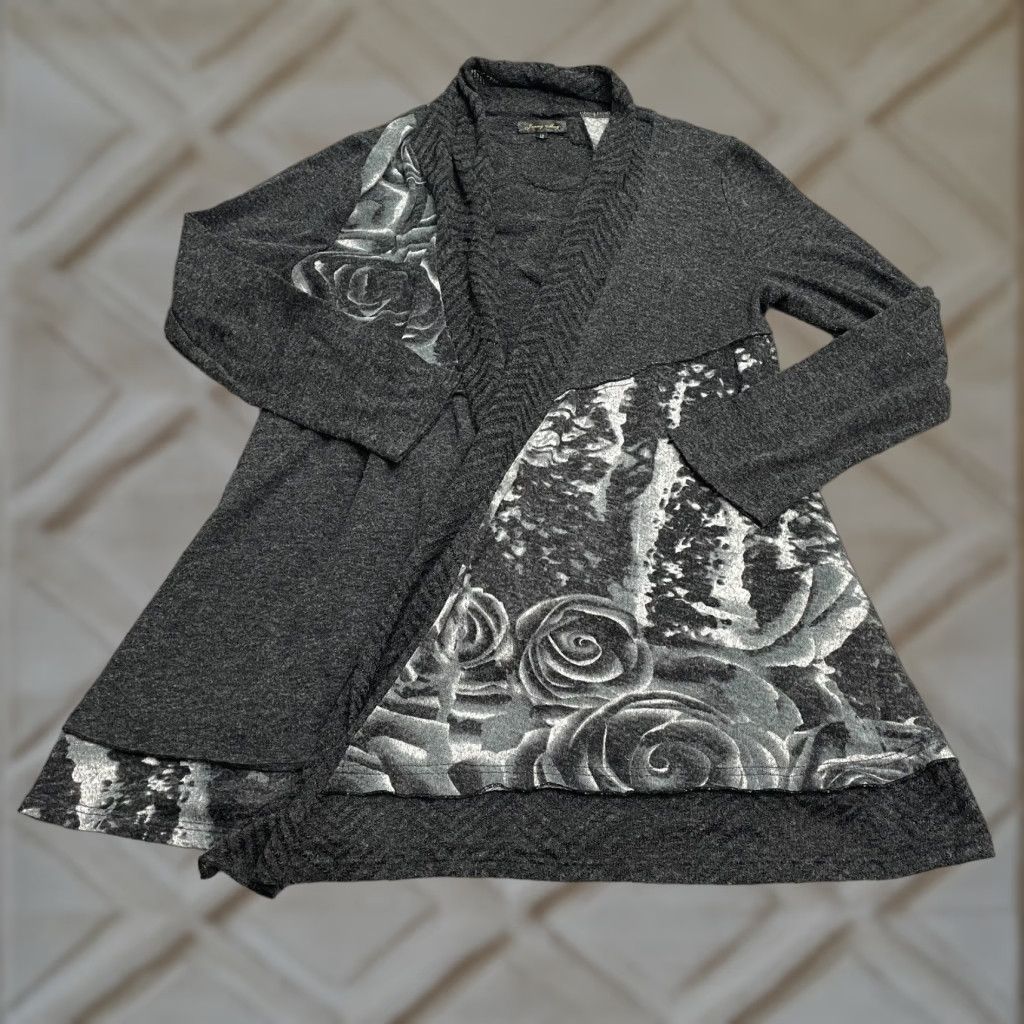 Vintage Jenny May Open Wrap Cardigan Sweater Womens 12 Gray Floral Acrylic Blend Casual Size XL / US 12-14 / IT 48-50 - 1 Thumbnail