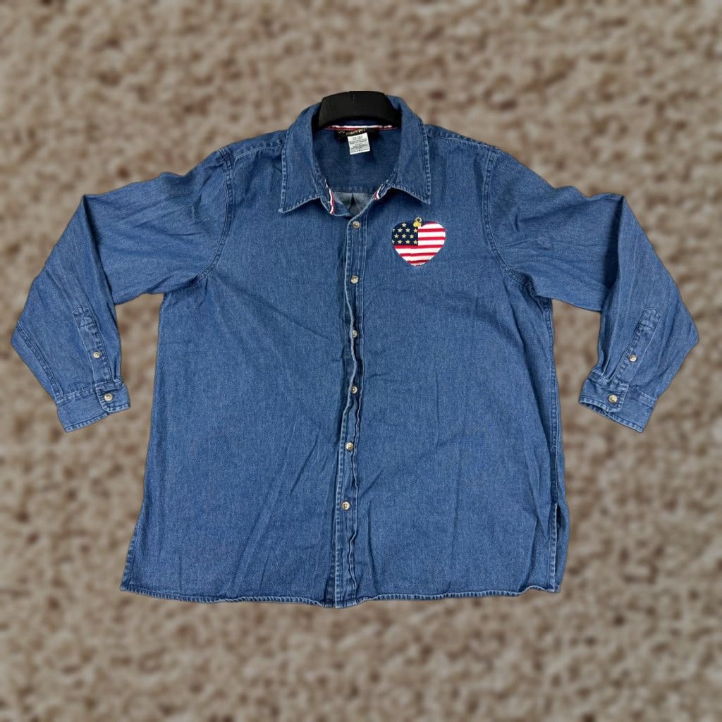 Denime VINTAGE Christopher Radko Shirt Womens 1X Blue Denim American Flag Patriotic Size XL / US 12-14 / IT 48-50 - 1 Thumbnail