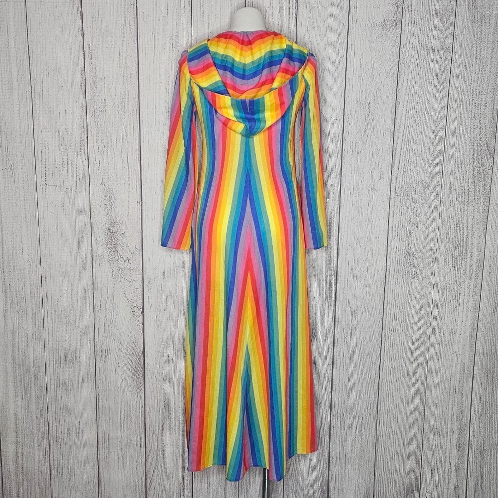 Vintage VTG OOAK Hooded Rainbow Stripe Maxi Dress, Flared Sleeves Size S / US 4 / IT 40 - 7 Thumbnail