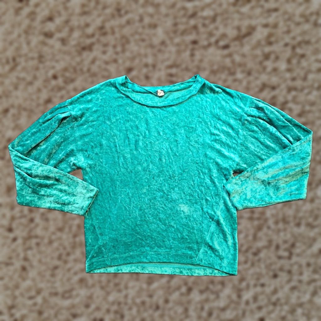 Free People Free People Top Womens S Green Velour Long Sleeve Casual Basic Blouse, Velvet, Round Neck, Lightweight, Stretch, Regular, Fall Spring Winter, Womens Size S / US 4 / IT 40 - 1 Thumbnail